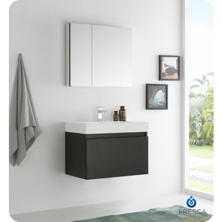 Fresca Mezzo 29-1/2" Wall Mounted / Floating Vanity Set with MDF Cabinet, Acrylic Top, Drop In Sink, Medicine Cabinet, and Single Hole Faucet Black