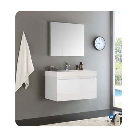 Fresca Mezzo 35-2/5" Wall Mounted Single Basin Vanity Set with Cabinet, Acrylic Vanity Top, Medicine Cabinet, and Single Hole Faucet White