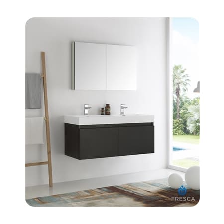 Fresca Mezzo 48" Wall Mounted Double Basin Vanity Set with Cabinet, Acrylic Vanity Top, and Medicine Cabinet Black