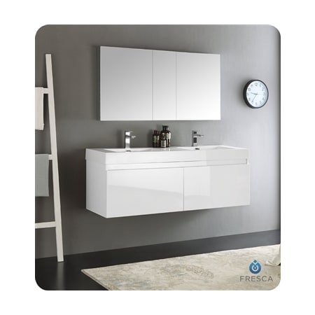 Fresca Mezzo 60" Wall Mounted Double Basin Vanity Set with Cabinet, Acrylic Vanity Top, Medicine Cabinet, and Single Hole Faucet White