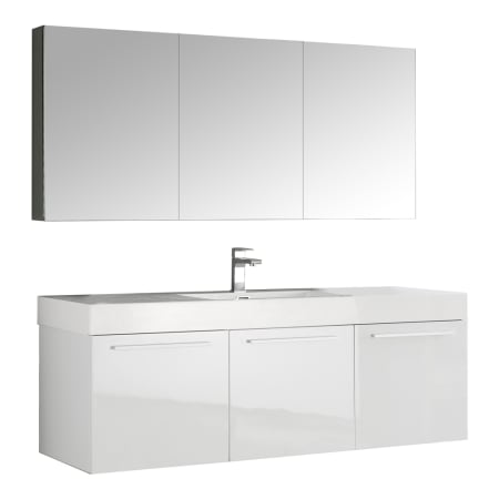 Fresca Vista 59" Wall Mounted / Floating Vanity Set with MDF Cabinet, Acrylic Top, Drop In Sink, Medicine Cabinet, and Single Hole Faucet White