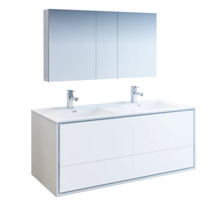 Fresca Catania 60" Wall Mounted Double Basin Vanity Set with Acrylic Vanity Top and Two Single Hole Faucets Glossy White
