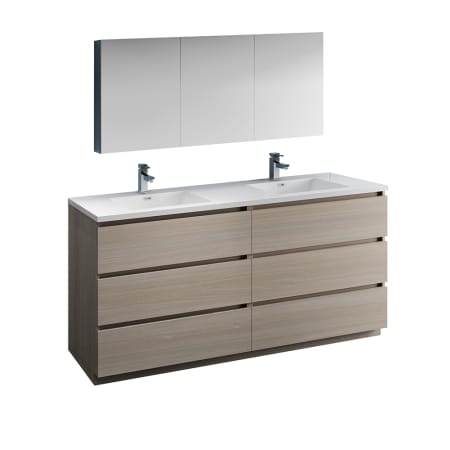 Fresca Lazzaro 72" Free Standing Double Basin Vanity Set with MDF Cabinet, Acrylic Vanity Top, Medicine Cabinet and Single Hole Bathroom Faucet Gray Wood