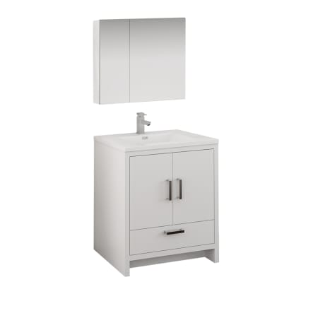 Fresca Imperia 30" Free Standing Single Basin Vanity Set with MDF Cabinet, Acrylic Vanity Top, Medicine Cabinet and Single Hole Bathroom Faucet Glossy White