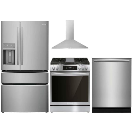 Frigidaire Gallery Four Piece Kitchen Package Featuring French Door Refrigerator, Slide-In Gas Range, Dishwasher, and Range Hood Stainless Steel