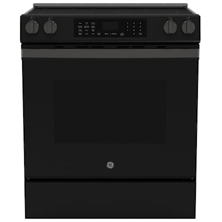 GE 30 Inch Wide 5.3 Cu. Ft. Slide In Electric Range with Radiant Burners and Storage Drawer Fingerprint Resistant Black Slate