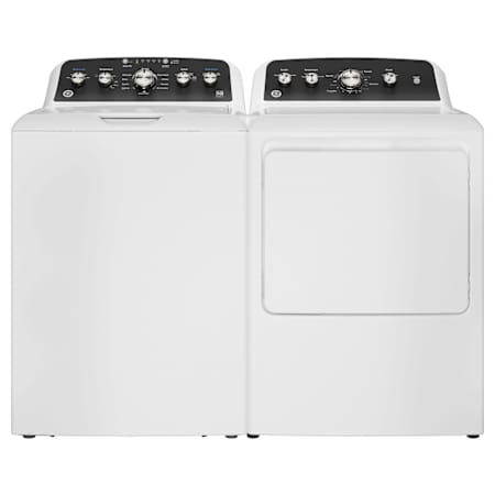 GE 27 Inch Wide 4.5 Cu. Ft. Top Load Washer and 27 Inch Wide 7.2 Cu. Ft. Electric Dryer Laundry Pair with Cold Plus and Deep Rinse White / Matte Black