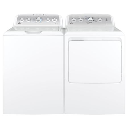 GE 27 Inch Wide 4.4 Cu. Ft. Top Load Washer and 27 Inch Wide 7.2 Cu. Ft. Gas Dryer Laundry Pair White / Silver