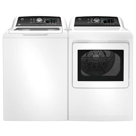 GE 27 Inch Wide 4.5 Cu. Ft. Top Load Washer and 27 Inch Wide 7.4 Cu. Ft. Electric Dryer Laundry Pair with Dual Action Agitator White