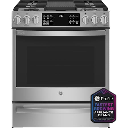 GE Profile 30 Inch Wide 5.7 Cu. Ft. Slide In Dual Fuel Range with No Preheat Air Fry Stainless Steel