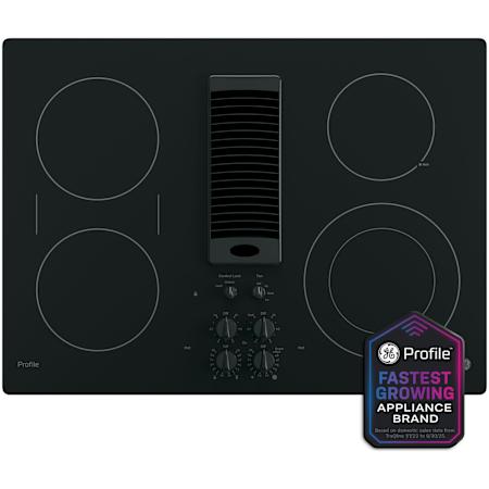 GE Profile 30 Inch Wide 4 Burner Electric Cooktop with Downdraft Ventilation System and Ribbon Heating Elements Black