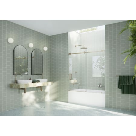 Glass Warehouse Astro 60" High x 56" Wide Sliding Frameless Tub Door with Clear Glass Brushed Bronze