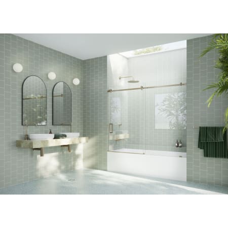 Glass Warehouse Astro 60" High x 72" Wide Sliding Frameless Tub Door with Clear Glass Brushed Bronze