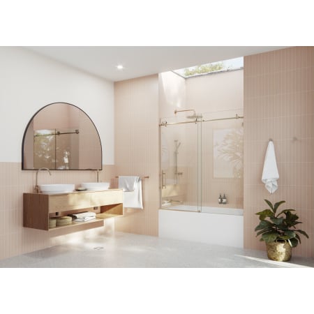 Glass Warehouse Eclipse 60" High x 56" Wide Sliding Frameless Tub Door with Clear Glass Brushed Bronze