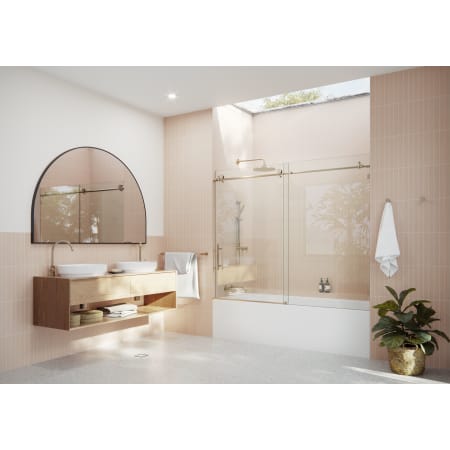 Glass Warehouse Eclipse 60" High x 72" Wide Sliding Frameless Tub Door with Clear Glass Brushed Bronze