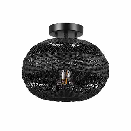 Globe Electric Beth 12" Wide Semi-Flush Ceiling Fixture with Rattan Shade Matte Black