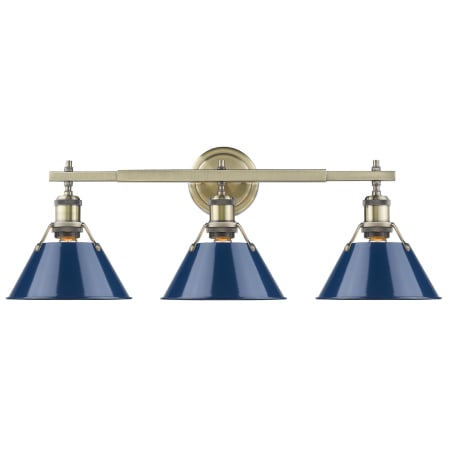 Golden Lighting Orwell 3 Light 27" Wide Vanity Light Aged Brass with Navy Shades
