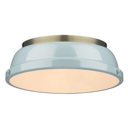 Golden Lighting Duncan 2 Light 14" Wide Flush Mount Ceiling Fixture Aged Brass / Seafoam