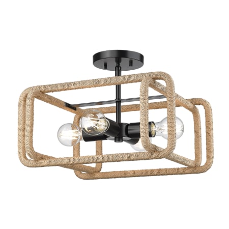 Golden Lighting Camden 4 Light 16" Wide Semi-Flush Square Ceiling Fixture Matte Black / Natural Raphia