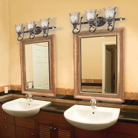 Three Light Bathroom Fixture Burnt Sienna Finish Room View