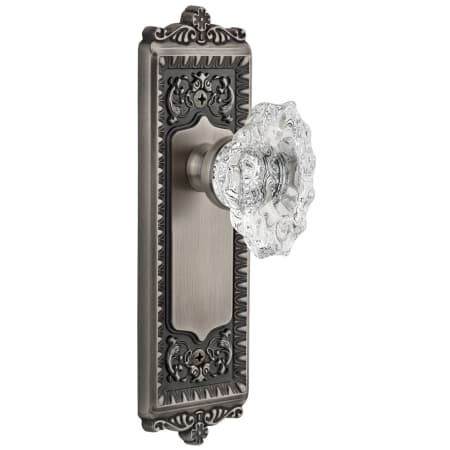 Grandeur Windsor Solid Brass Rose Passage Door Knob Set with Biarritz Crystal Knob and 2-3/8" Backset Antique Pewter