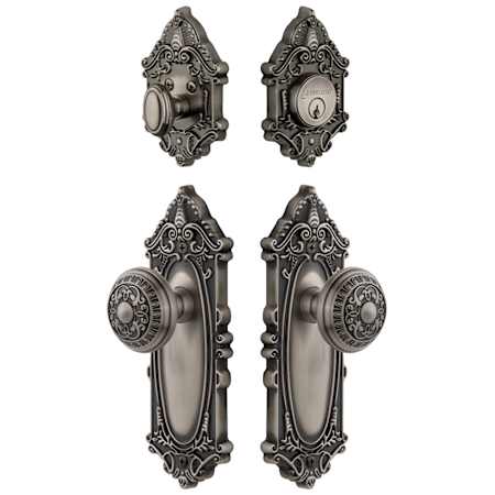 Grandeur Grande Victorian Solid Brass Single Cylinder Keyed Entry Knobset and Deadbolt Combo Pack with Windsor Knob and 2-3/8" Backset Antique Pewter