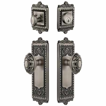 Grandeur Windsor Solid Brass Single Cylinder Keyed Entry Knobset and Deadbolt Combo Pack with Grande Victorian Knob and 2-3/8" Backset Antique Pewter