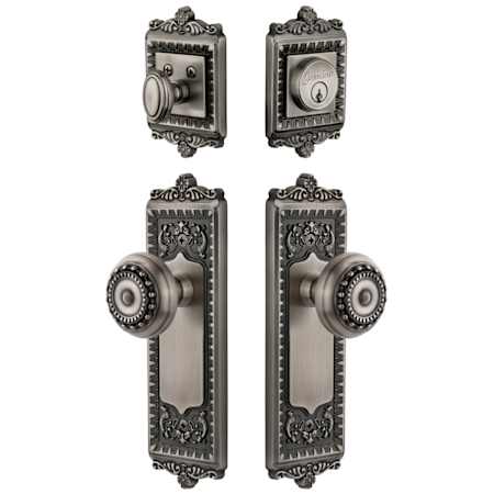Grandeur Windsor Solid Brass Single Cylinder Keyed Entry Knobset and Deadbolt Combo Pack with Parthenon Knob and 2-3/8" Backset Antique Pewter