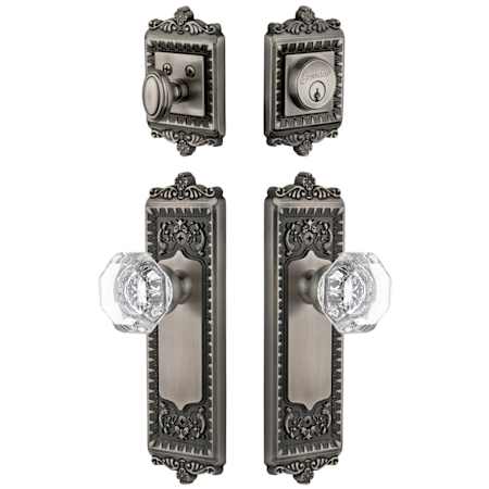 Grandeur Windsor Solid Brass Single Cylinder Keyed Entry Knobset and Deadbolt Combo Pack with Chambord Crystal Knob and 2-3/8" Backset Antique Pewter