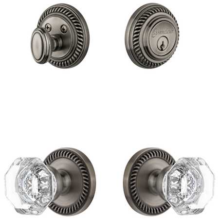 Grandeur Newport Solid Brass Single Cylinder Keyed Entry Knobset and Deadbolt Combo Pack with Chambord Crystal Knob and 2-3/8" Backset Antique Pewter