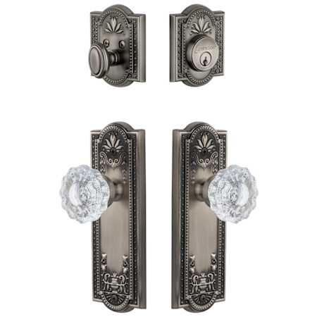Grandeur Parthenon Solid Brass Single Cylinder Keyed Entry Knobset and Deadbolt Combo Pack with Versailles Crystal Knob and 2-3/8" Backset Antique Pewter
