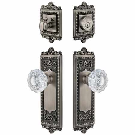 Grandeur Windsor Solid Brass Single Cylinder Keyed Entry Knobset and Deadbolt Combo Pack with Versailles Crystal Knob and 2-3/8" Backset Antique Pewter