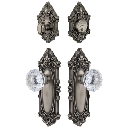 Grandeur Grande Victorian Solid Brass Single Cylinder Keyed Entry Knobset and Deadbolt Combo Pack with Fontainebleau Crystal Knob and 2-3/8" Backset Antique Pewter