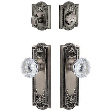 Grandeur Parthenon Solid Brass Single Cylinder Keyed Entry Knobset and Deadbolt Combo Pack with Fontainebleau Crystal Knob and 2-3/8" Backset Antique Pewter