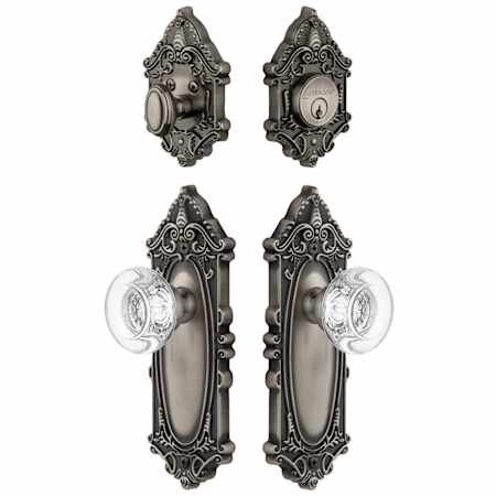 Grandeur Grande Victorian Solid Brass Single Cylinder Keyed Entry Knobset and Deadbolt Combo Pack with Bordeaux Crystal Knob and 2-3/8" Backset Antique Pewter