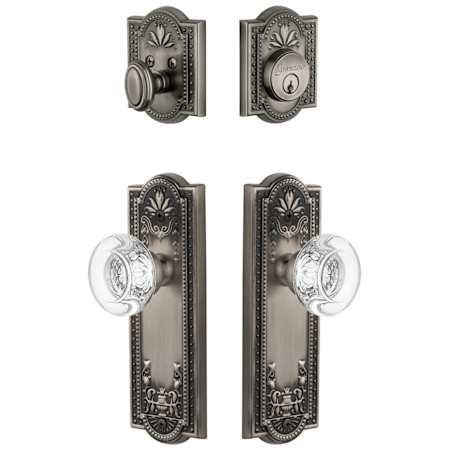 Grandeur Parthenon Solid Brass Single Cylinder Keyed Entry Knobset and Deadbolt Combo Pack with Bordeaux Crystal Knob and 2-3/8" Backset Antique Pewter