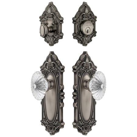Grandeur Grande Victorian Solid Brass Single Cylinder Keyed Entry Knobset and Deadbolt Combo Pack with Burgundy Crystal Knob and 2-3/8" Backset Antique Pewter