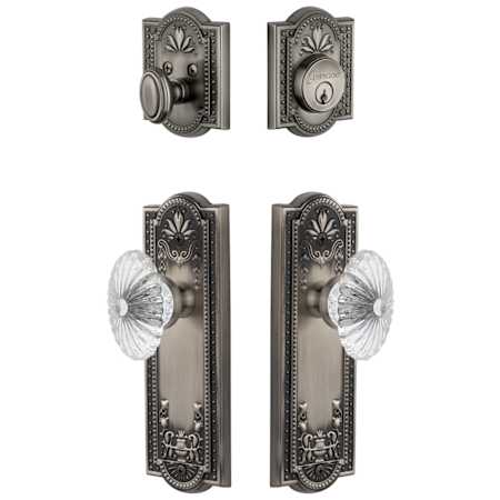 Grandeur Parthenon Solid Brass Single Cylinder Keyed Entry Knobset and Deadbolt Combo Pack with Burgundy Crystal Knob and 2-3/8" Backset Antique Pewter