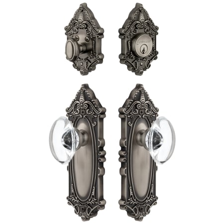 Grandeur Grande Victorian Solid Brass Single Cylinder Keyed Entry Knobset and Deadbolt Combo Pack with Provence Crystal Knob and 2-3/8" Backset Antique Pewter