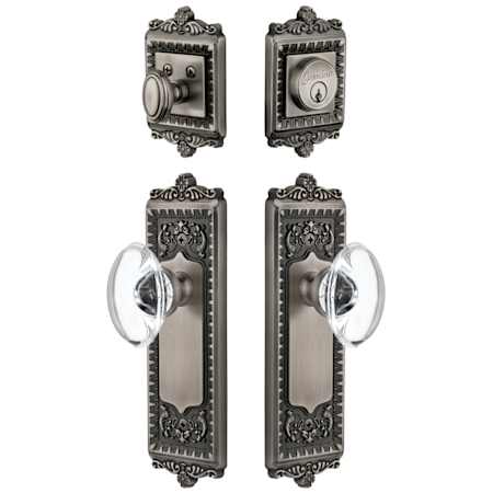Grandeur Windsor Solid Brass Single Cylinder Keyed Entry Knobset and Deadbolt Combo Pack with Provence Crystal Knob and 2-3/8" Backset Antique Pewter