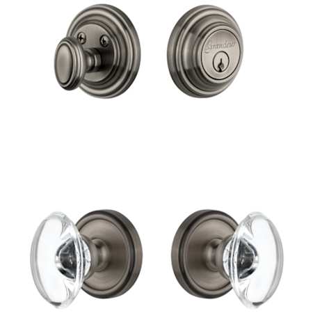 Grandeur Georgetown Solid Brass Single Cylinder Keyed Entry Knobset and Deadbolt Combo Pack with Provence Crystal Knob and 2-3/8" Backset Antique Pewter