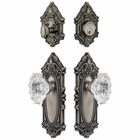 Grandeur Grande Victorian Solid Brass Single Cylinder Keyed Entry Knobset and Deadbolt Combo Pack with Biarritz Crystal Knob and 2-3/8" Backset Antique Pewter
