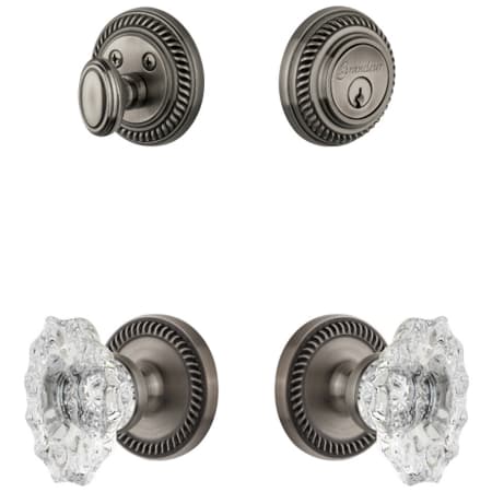 Grandeur Newport Solid Brass Single Cylinder Keyed Entry Knobset and Deadbolt Combo Pack with Biarritz Crystal Knob and 2-3/8" Backset Antique Pewter