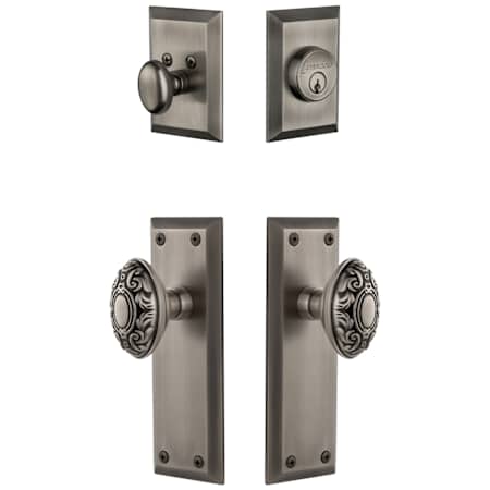 Grandeur Fifth Avenue Solid Brass Single Cylinder Keyed Entry Knobset and Deadbolt Combo Pack with Grande Victorian Knob and 2-3/8" Backset Antique Pewter