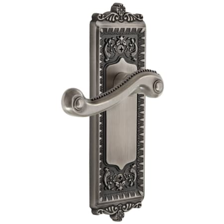 Grandeur Windsor Solid Brass Rose Right Handed Privacy Door Lever Set with Newport Lever and 2-3/8" Backset Antique Pewter