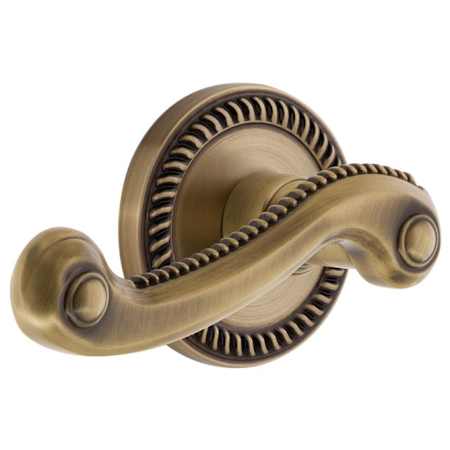 Grandeur Newport Solid Brass Rose Left Handed Privacy Door Lever Set with Newport Lever and 2-3/8" Backset Vintage Brass