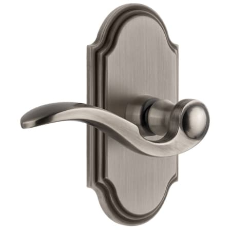 Grandeur Arc Solid Brass Left Handed Passage Door Lever Set with Bellagio Lever and 2-3/8" Backset Antique Pewter