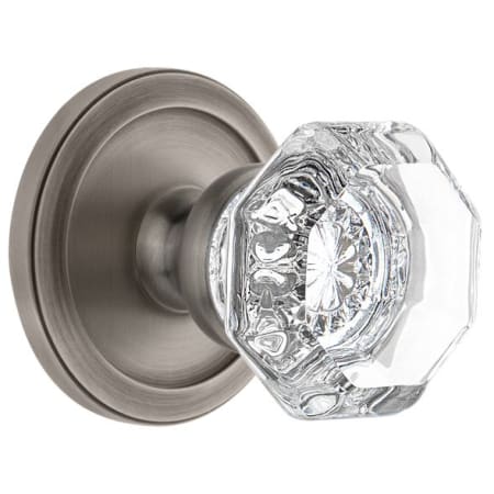 Grandeur Circulaire Solid Brass Rose Passage Door Knob Set with Chambord Crystal Knob and 2-3/4" Backset Antique Pewter