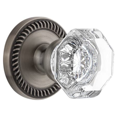 Grandeur Newport Solid Brass Rose Passage Door Knob Set with Chambord Crystal Knob and 2-3/4" Backset Antique Pewter