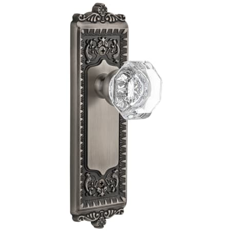 Grandeur Windsor Solid Brass Rose Passage Door Knob Set with Chambord Crystal Knob and 2-3/4" Backset Antique Pewter